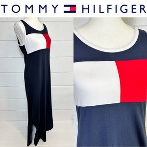 Y2K Tommy Hilfiger Maxi Sleeveless Slit Jersey Navy Dress Small